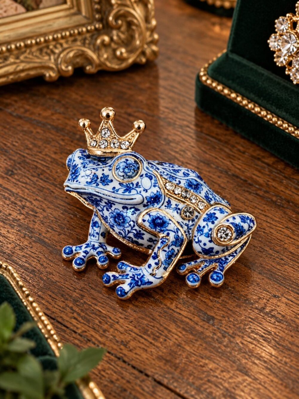 Blue & White Floral Crowned Frog Brooch with Rhinestones